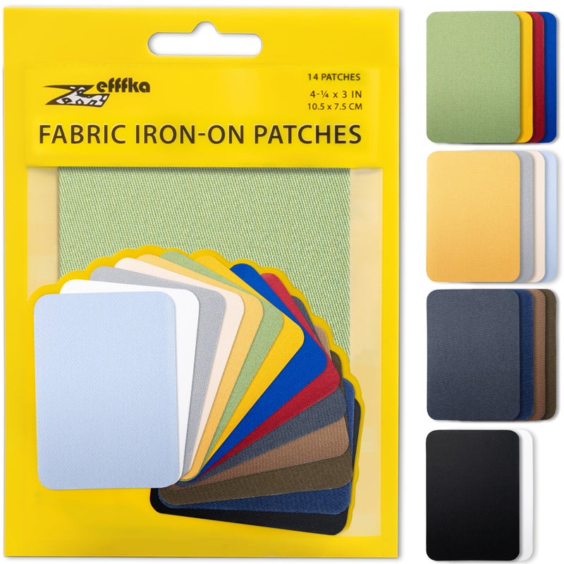 ZEFFFKA Premium Quality Fabric Iron-on Patches Inside & Outside Strongest Glue 100% Cotton Blue Gray Beige Brown Yellow Red Green Repair Decorating Kit 14 Pieces Size 3" by 4-1/4" (7.5 cm x 10.5 cm) - Image 1